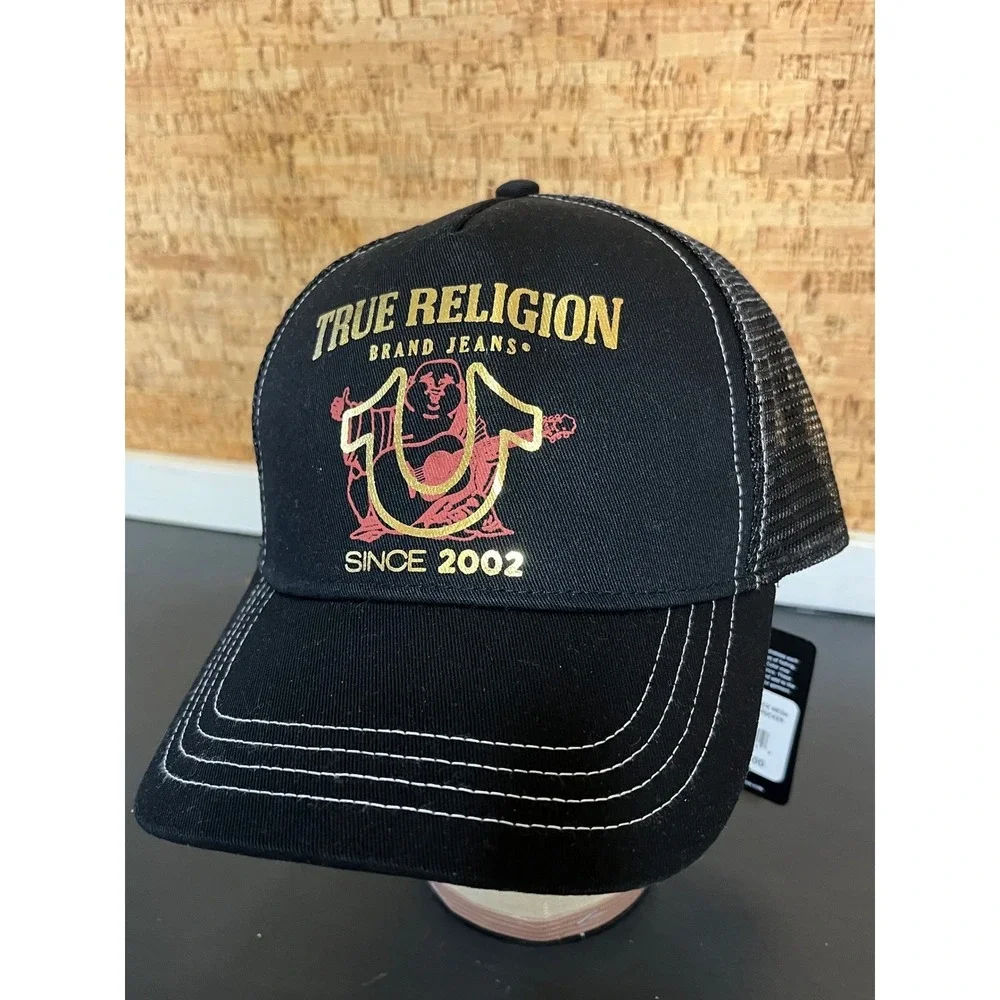 True Religion Mens Black Gold Buddha Logo Mesh Trucker Hat Snapback TR4108 NWT